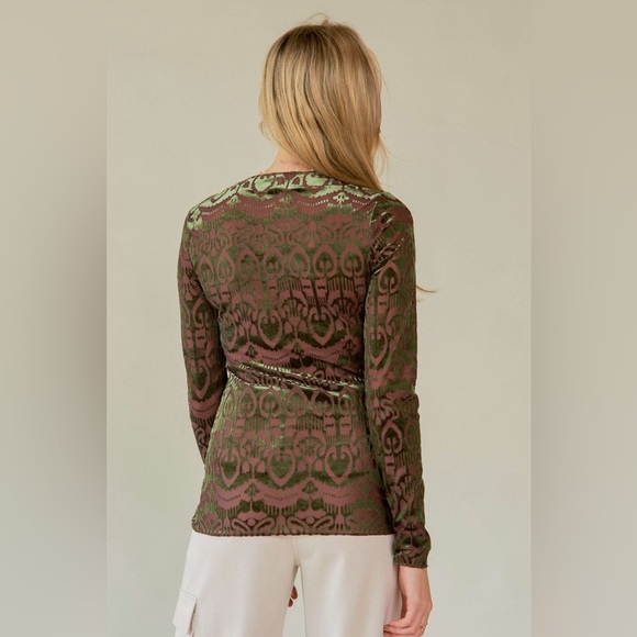 🟠 100B. Mesh Velour Long Sleeve Top - Green - Picture 2 of 2